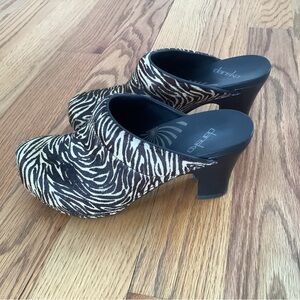 Dansko Zebra-Pattern Slip-On Heels in Black and Cream